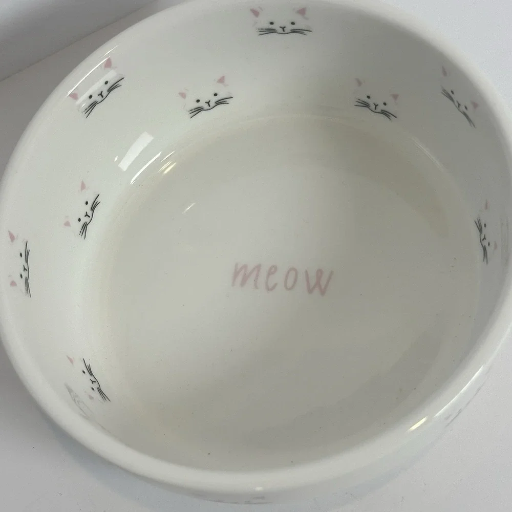Cat Food Bowl Meow Ceramic Kitty Dish White Pink Pet Feeding Dish Cute